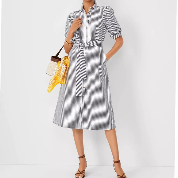 Ann Taylor Stripes Puffed Sleeves A-line Midi Petite Shirt Dress - Picture 3 of 8